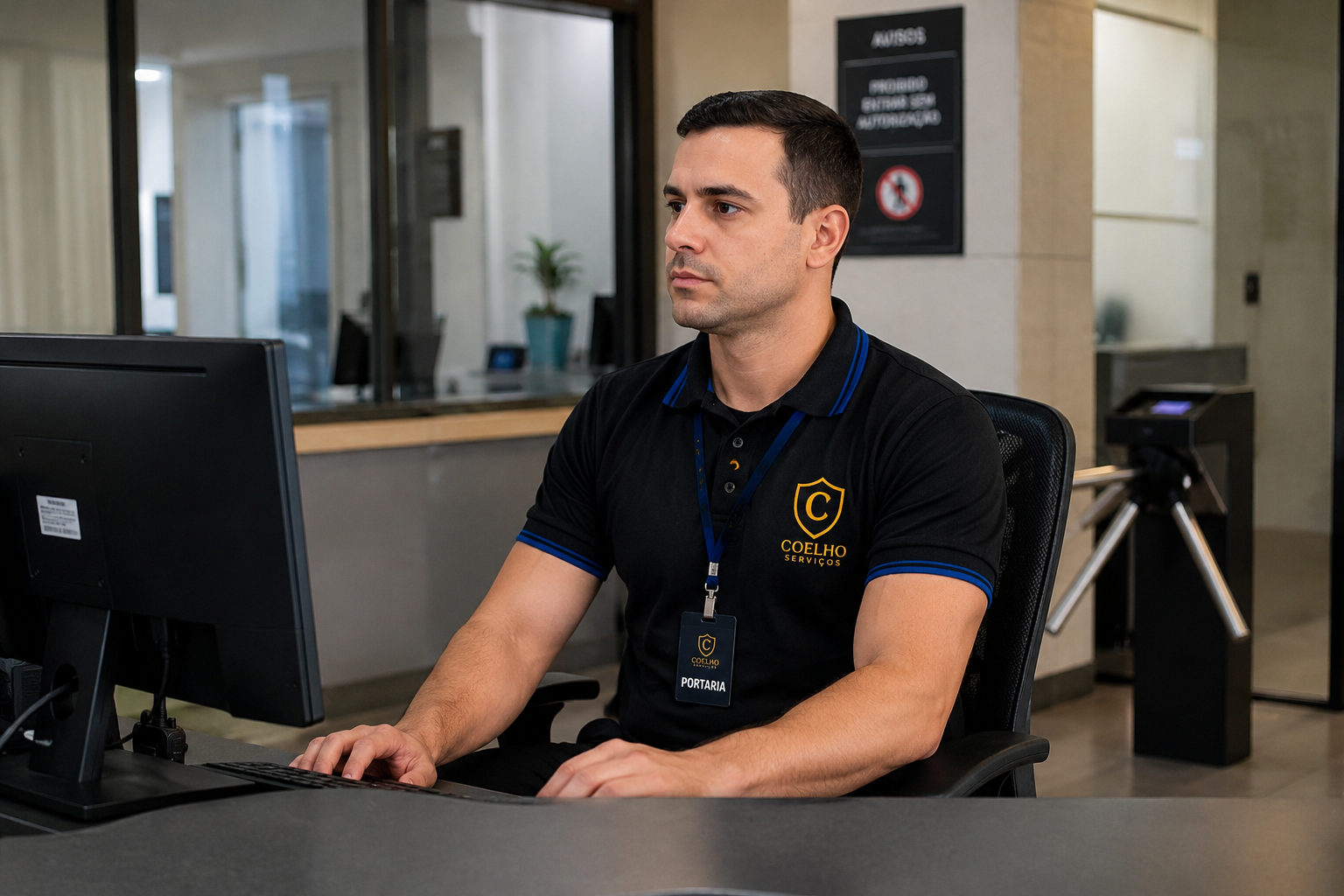 Profissional da Coelho Serviços trabalhando na portaria